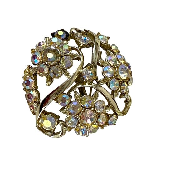 Vintage AB Rhinestone Floral Brooch Round Gold Tone 2" Sparkle Pin - Picture 5 of 6
